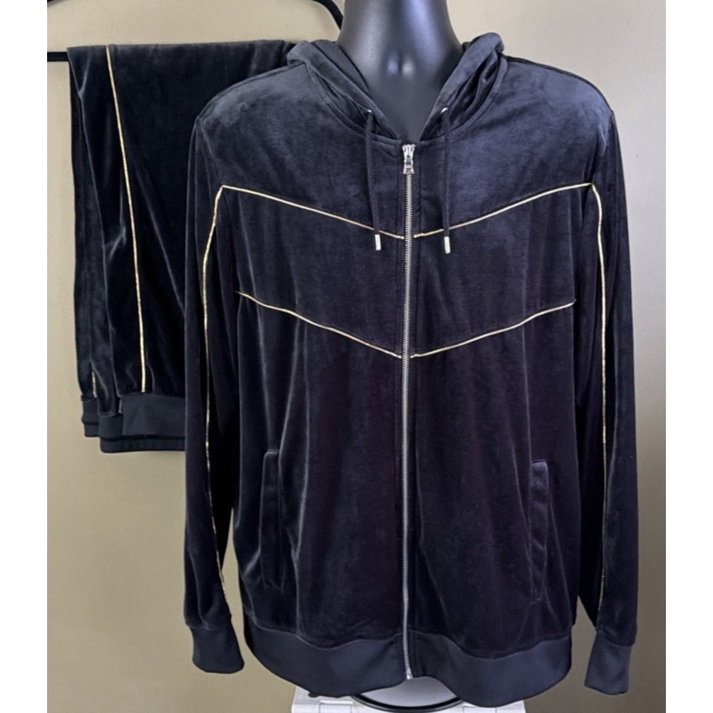 INC International Concepts Men Velour Tracksuit Set Black Velvet Hoodie Pants XL